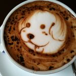 A puppy drawn in foam and coffee sitting atop a lattee